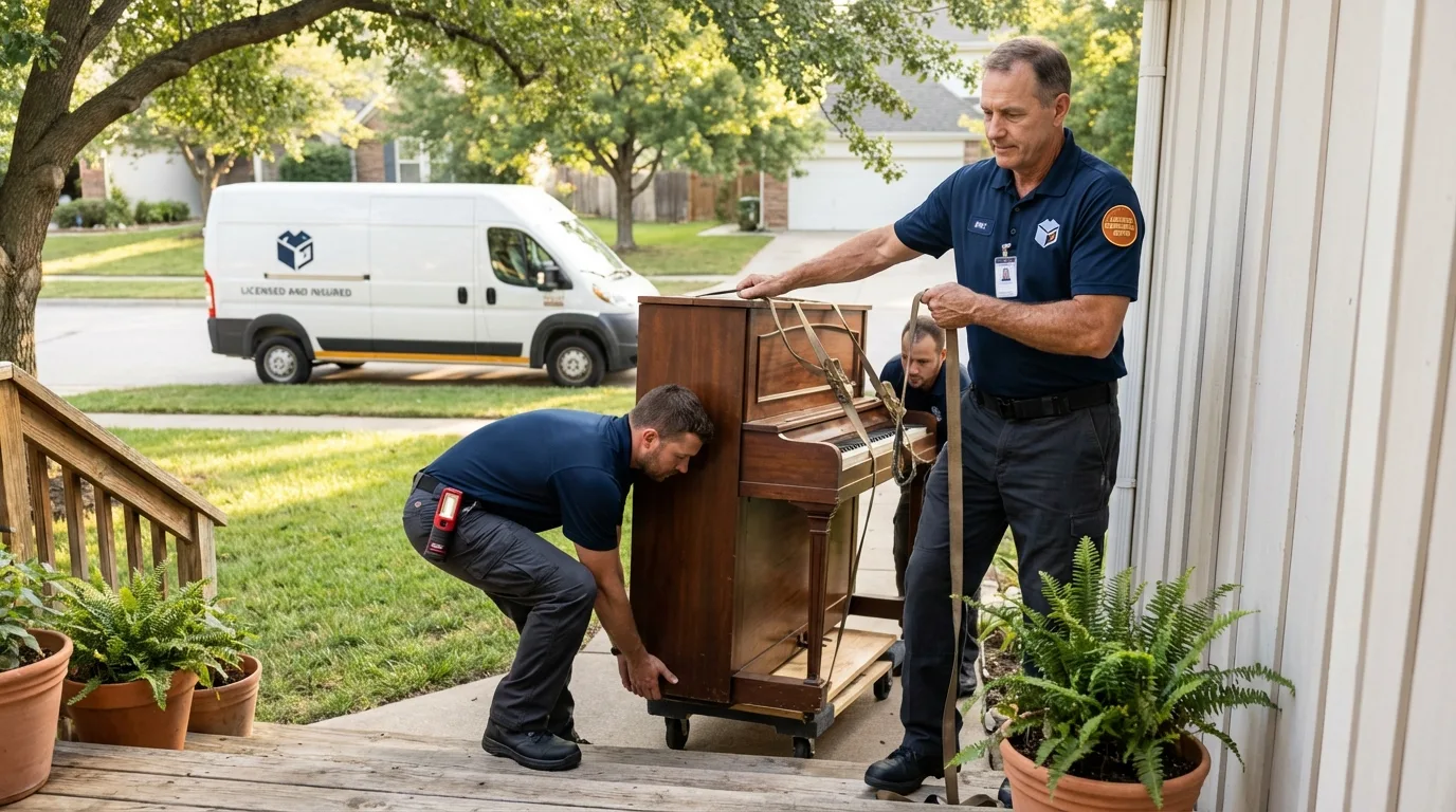 Licensed piano movers securing grand piano in Fredonia, AZ