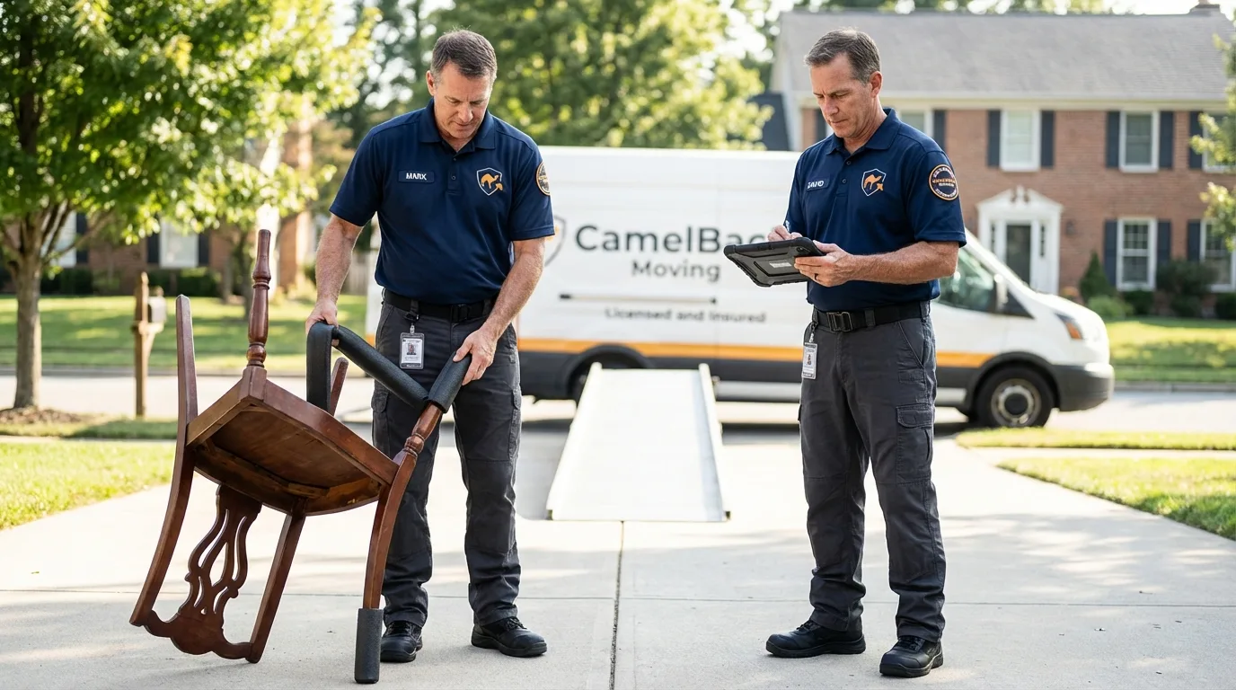 Movers inspecting furniture for damage prevention before loading in Fredonia, AZ